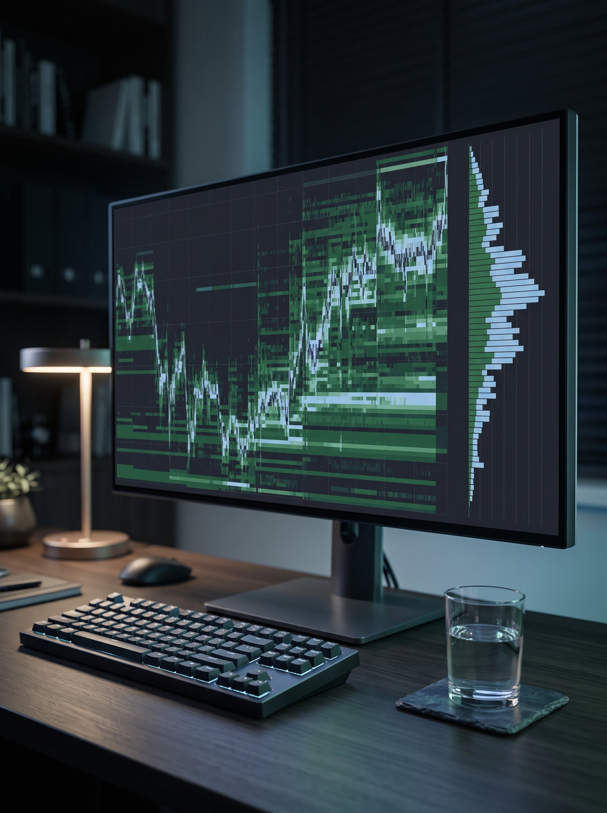 A sleek, modern trading workstation at night with abstract data visualizations on a monitor, reflecting a professional atmosp