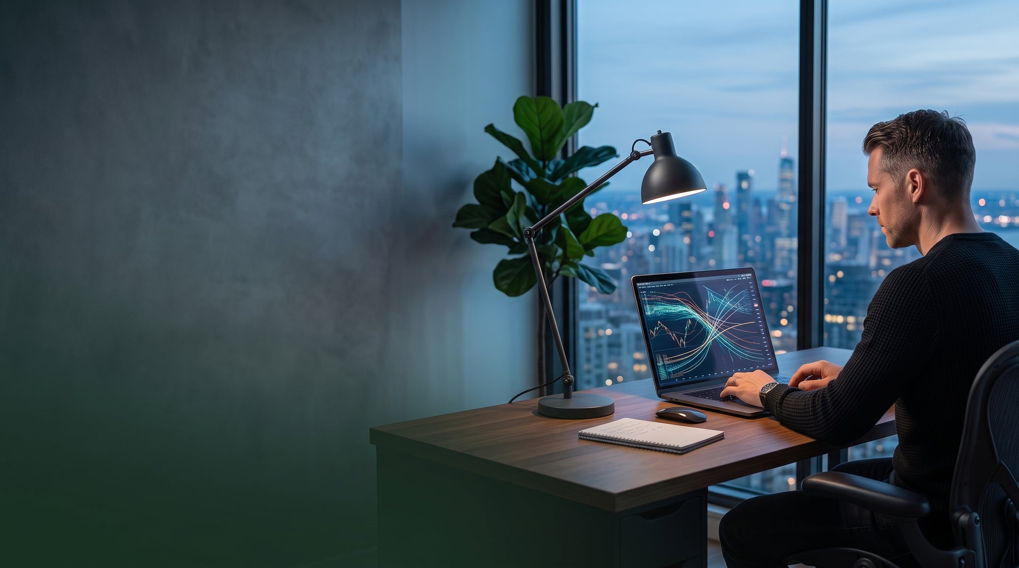 A professional trader working in a modern, dimly lit office with abstract market data on a laptop screen, leaving empty space