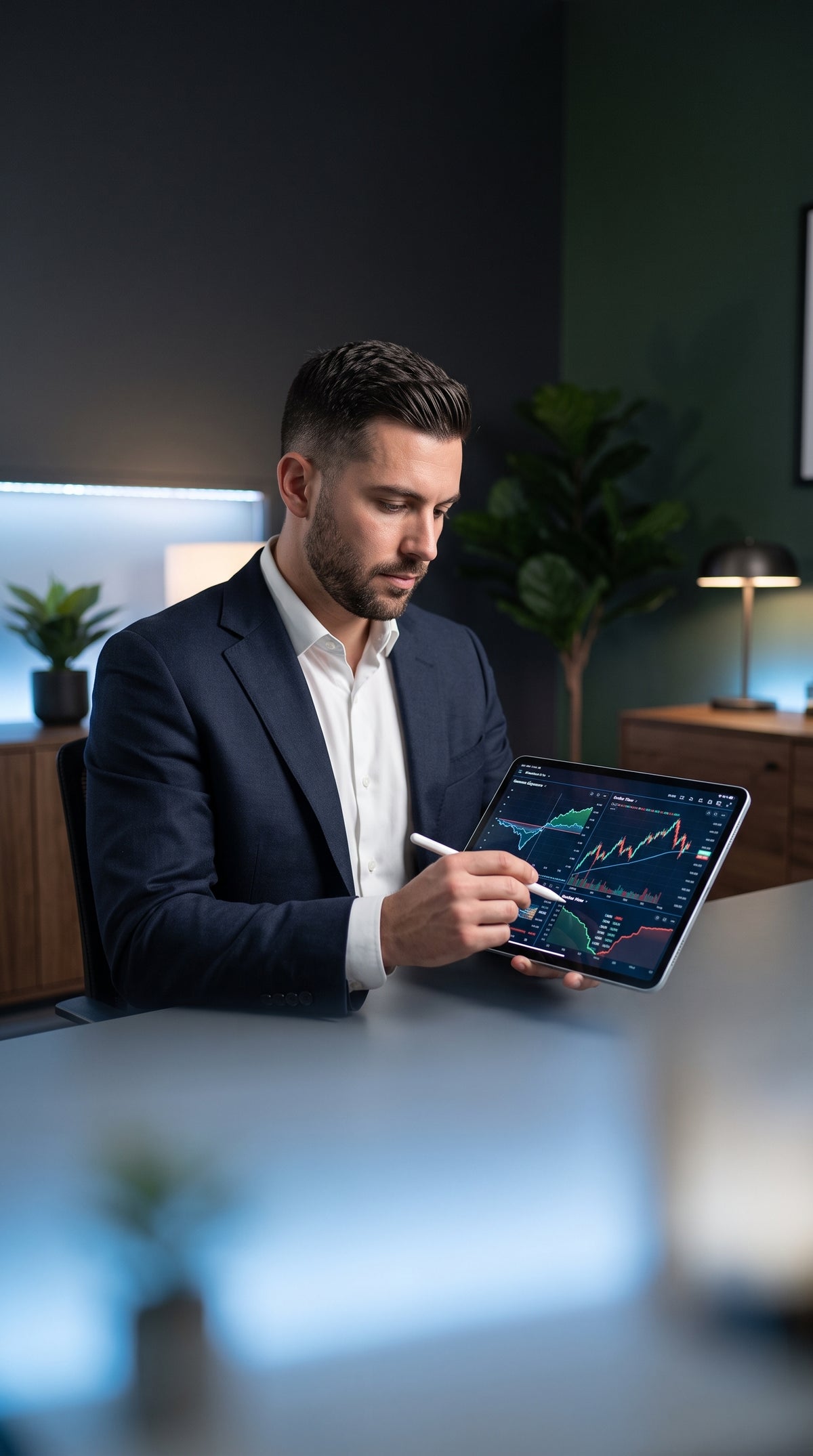 A focused trader working on a tablet in a modern home office with dark, professional decor and soft ambient lighting.