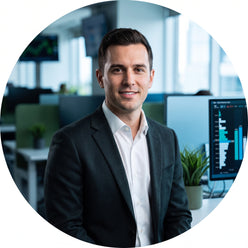 A professional portrait of a male financial trader, Market Maker Alpha, set against a blurred, modern office background.