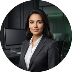 Professional portrait of trader Elena Rodriguez against a dark, sophisticated, and blurred office background.
